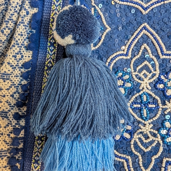 America & Beyond Hand Beaded Boho Blue Bandana Pattern Tote Bag - Picture 3 of 8